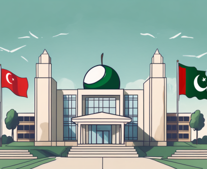 An international school building with a pakistani flag flying high