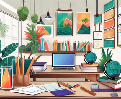 A vibrant thai classroom setting with an ipgce certificate prominently displayed
