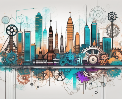 A balanced scale with various teaching tools and singaporean landmarks on each side