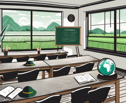 A classroom setting with a chalkboard