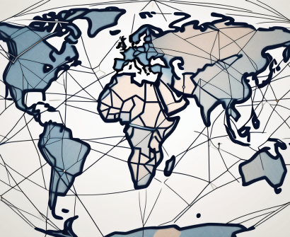 A global map with interconnected nodes symbolizing international schools