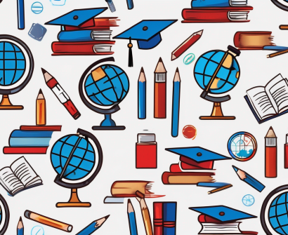 A globe surrounded by various iconic educational tools such as books