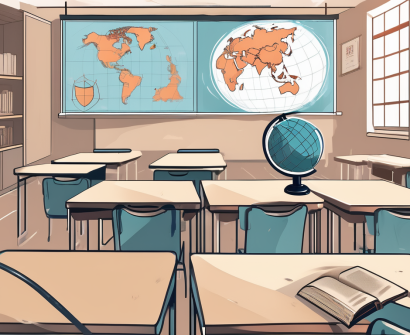 A classroom setting in china with english teaching materials like books and a globe