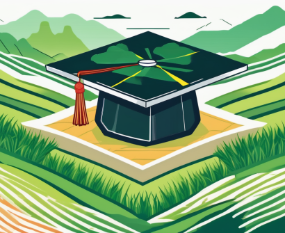 A graduation cap resting on top of a vietnamese landscape