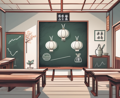 A traditional chinese classroom setting with a chalkboard displaying four distinct symbols or icons representing salary