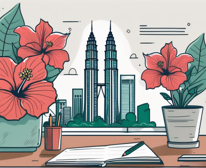 A teacher's desk with various symbols of malaysia such as the petronas towers and a hibiscus flower