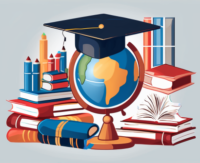 A globe surrounded by various educational tools like books