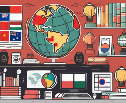 A classroom filled with various international flags