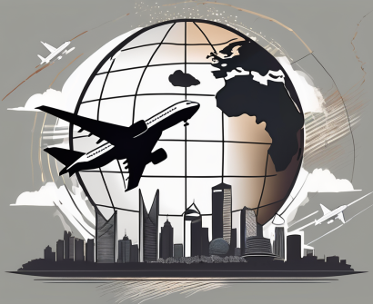 A globe with iconic landmarks from various countries