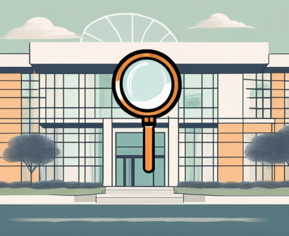 An australian international school building with a symbolic representation of a teacher's cap and a magnifying glass