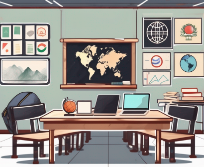 A classroom setting in china with a chalkboard displaying an iqts (international quality teaching standards) emblem