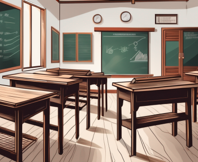 A traditional vietnamese classroom setting with a chalkboard