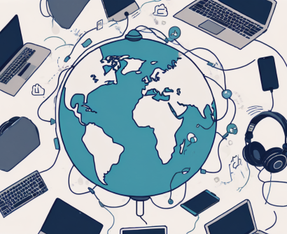 A globe with various symbols like speech bubbles