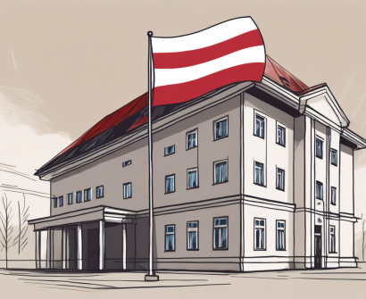 A traditional polish school building with an international flag fluttering on the flagpole