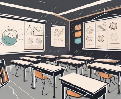 A classroom setting in dubai with a chalkboard displaying an iqts symbol