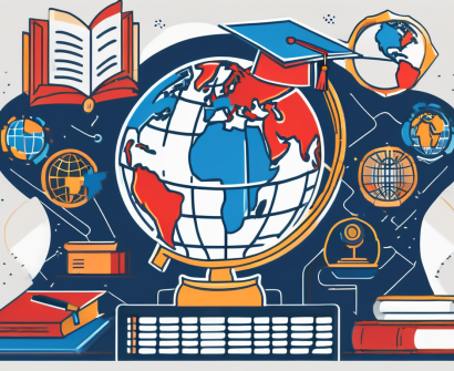 A globe with different educational icons like books