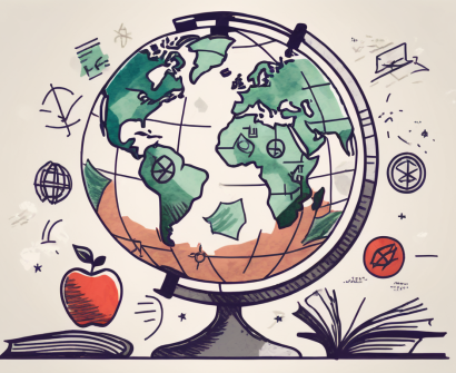 A globe with various iconic educational symbols (like a graduation cap