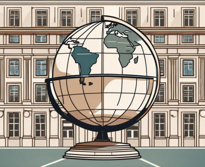 A traditional portuguese school building with a globe placed in the foreground