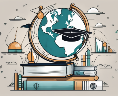 A globe with different educational icons (books