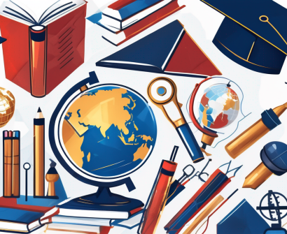 A globe surrounded by various educational tools like books