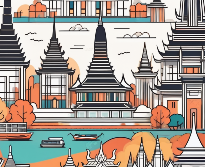 A vibrant bangkok cityscape with notable landmarks like temples and the chao phraya river