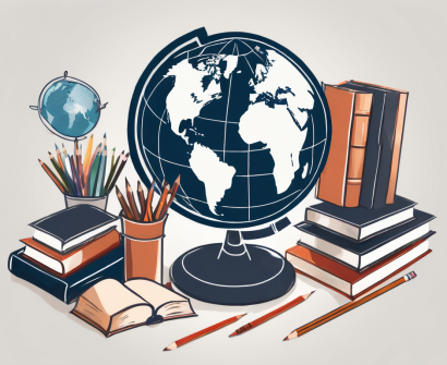 A globe surrounded by various educational tools like books