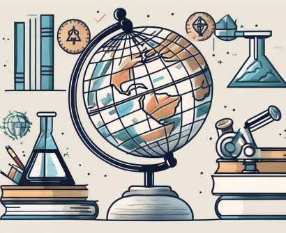 A globe surrounded by various educational tools like books