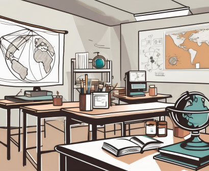 A classroom setting with various teaching aids such as books