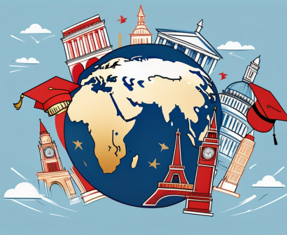 A globe surrounded by various iconic international landmarks