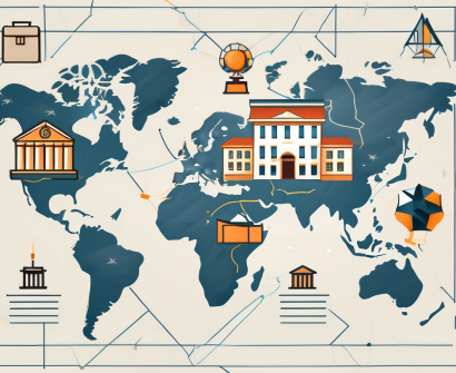 A global map with symbolic icons of a school building