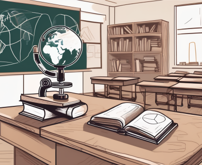 A classroom setting with various educational tools such as books