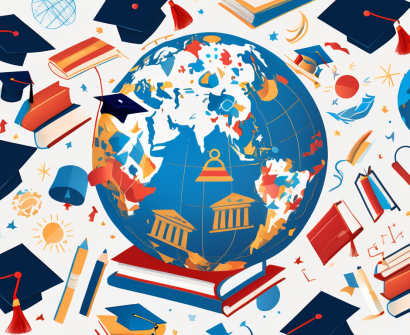 A globe with various education-related symbols