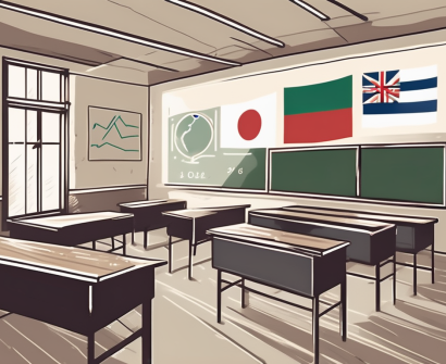 A classroom with various international flags