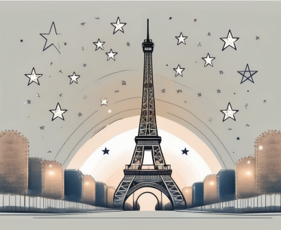 The eiffel tower with seven stars around it
