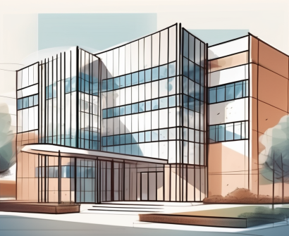 An international school building with diverse educational symbols