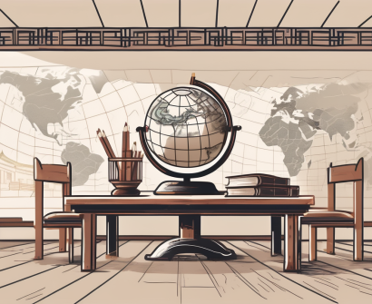 A classroom setting with a globe