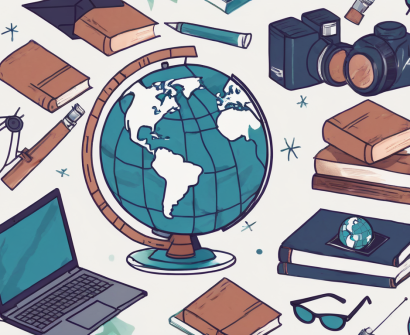 A globe with different educational tools like books