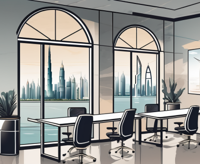 A classroom setting with a view of the iconic dubai skyline