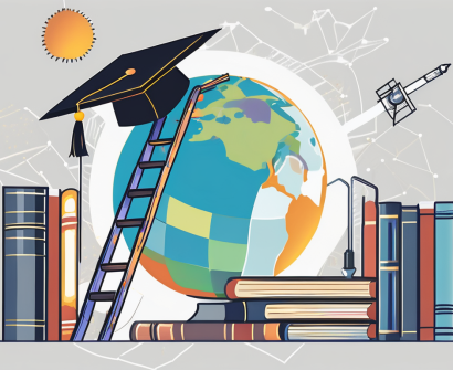 A ladder reaching towards a graduation cap in the sky