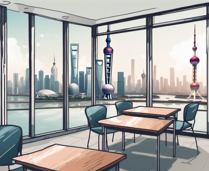 A modern classroom setting with a view of shanghai's skyline