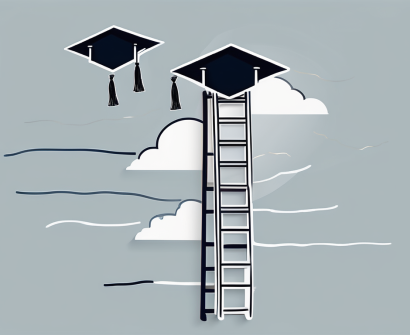 A ladder reaching towards a graduation cap floating in the sky