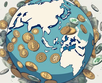 A globe with various currencies floating around it