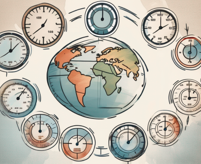 A globe with various speedometer symbols placed over different continents