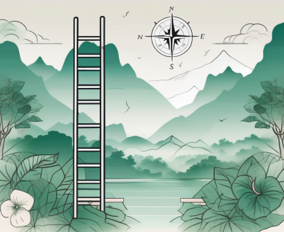 A lush thai landscape with symbolic elements like an apple (representing education)