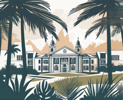 A tropical bermuda landscape with the silhouette of several prestigious international school buildings in the background and symbols representing teaching and secrets