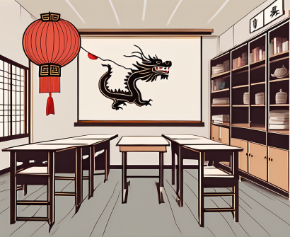 A classroom with an empty teacher's desk