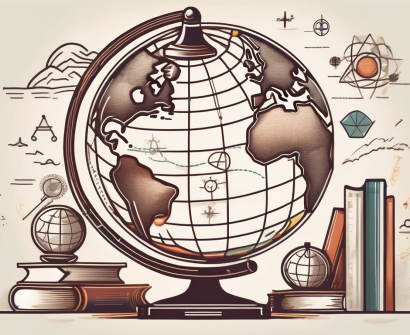 A globe with various iconic educational symbols (like graduation cap