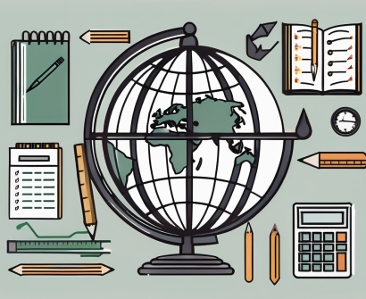 A globe surrounded by various educational tools like a ruler