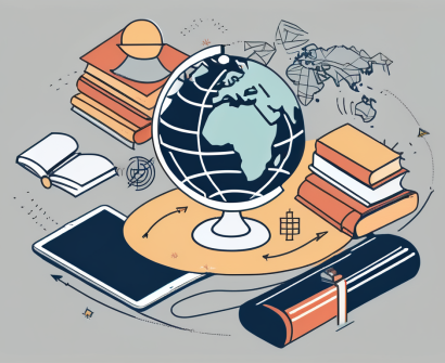 A globe with different educational symbols like a graduation cap