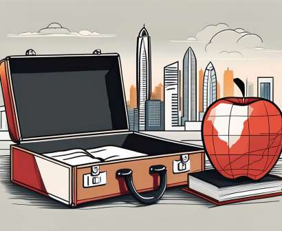 An open suitcase revealing iconic symbols of teaching like an apple